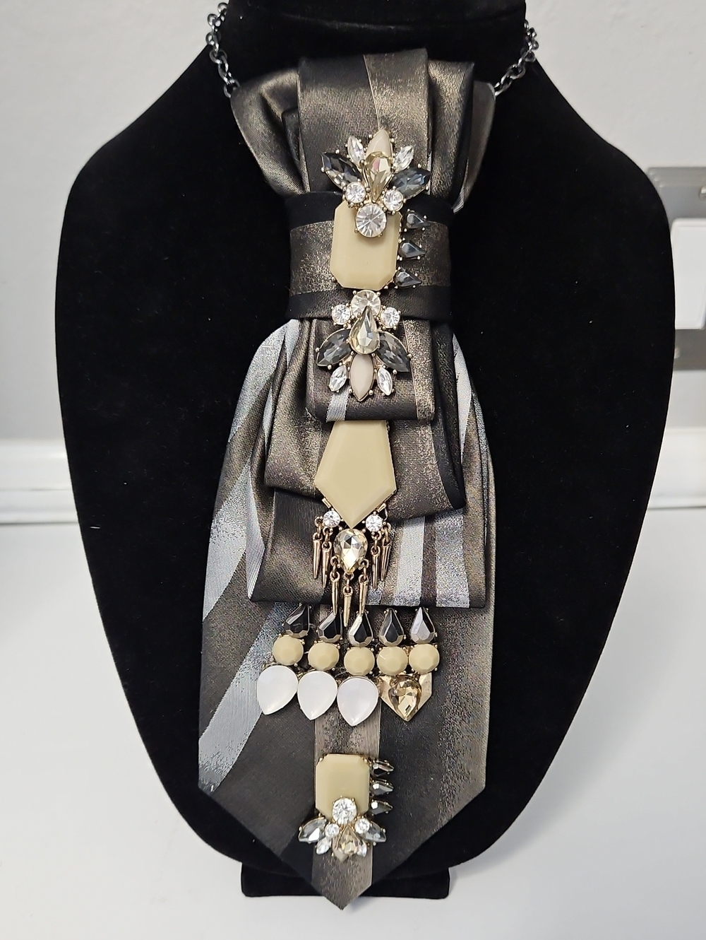 Bill Blass Upcycled Embellished Statement Necktie Necklace with Neutral Accents